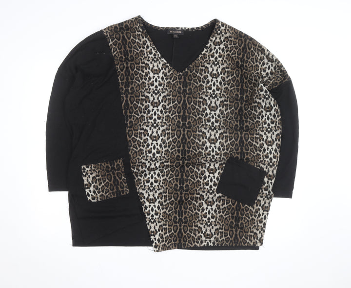 QED London Women's Brown Leopard Print V-Neck Pullover Jumper M/L