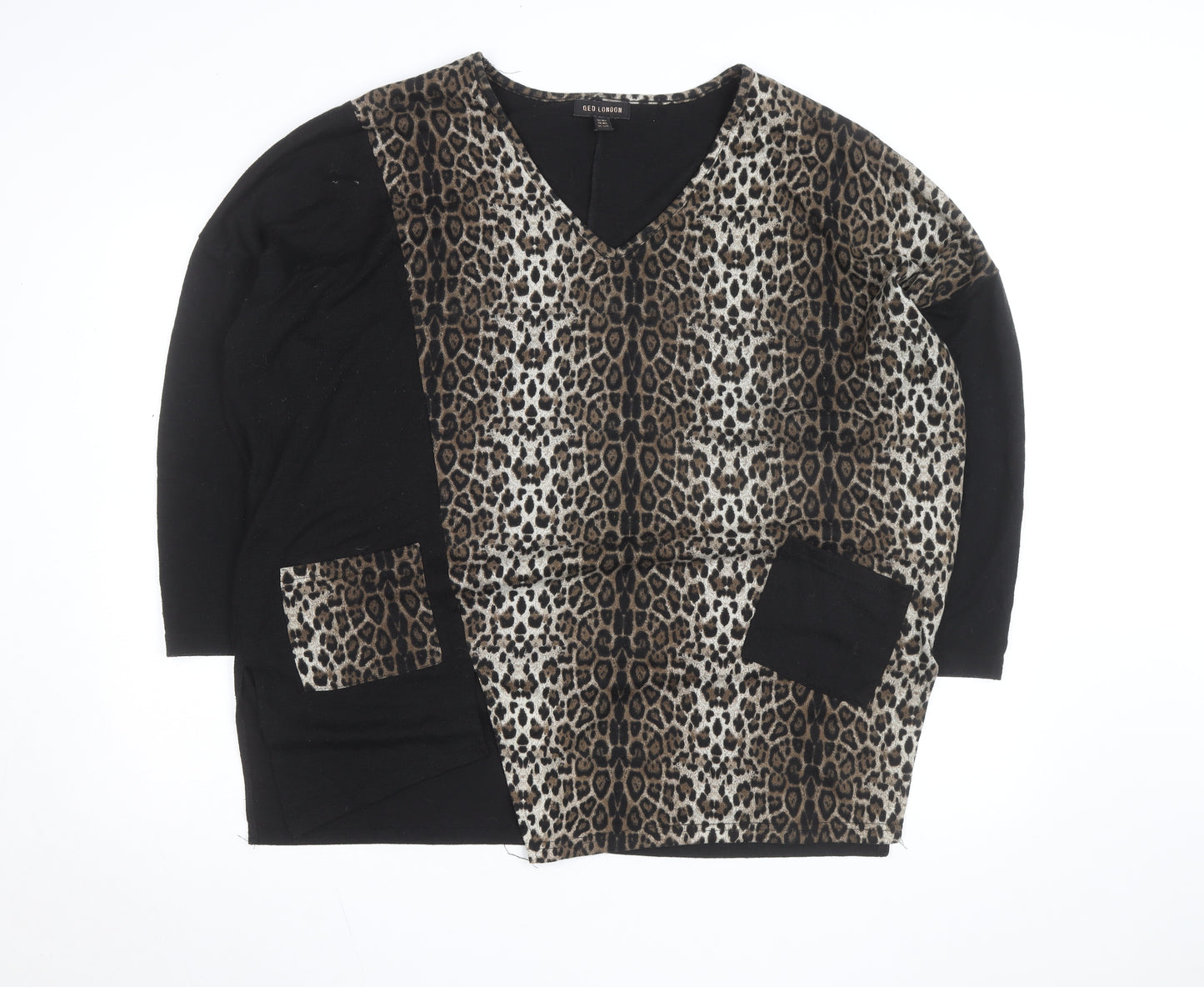 QED London Women's Brown Leopard Print V-Neck Pullover Jumper M/L