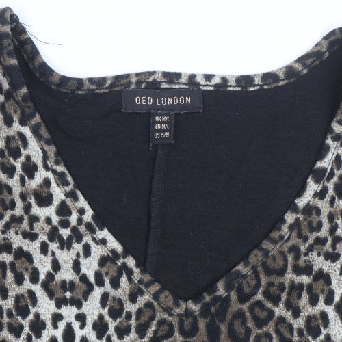 QED London Women's Brown Leopard Print V-Neck Pullover Jumper M/L