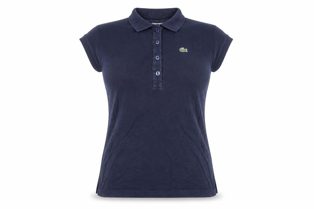 Front view of Lacoste Women's Navy Blue Polo Shirt, size 14, Classic Cotton