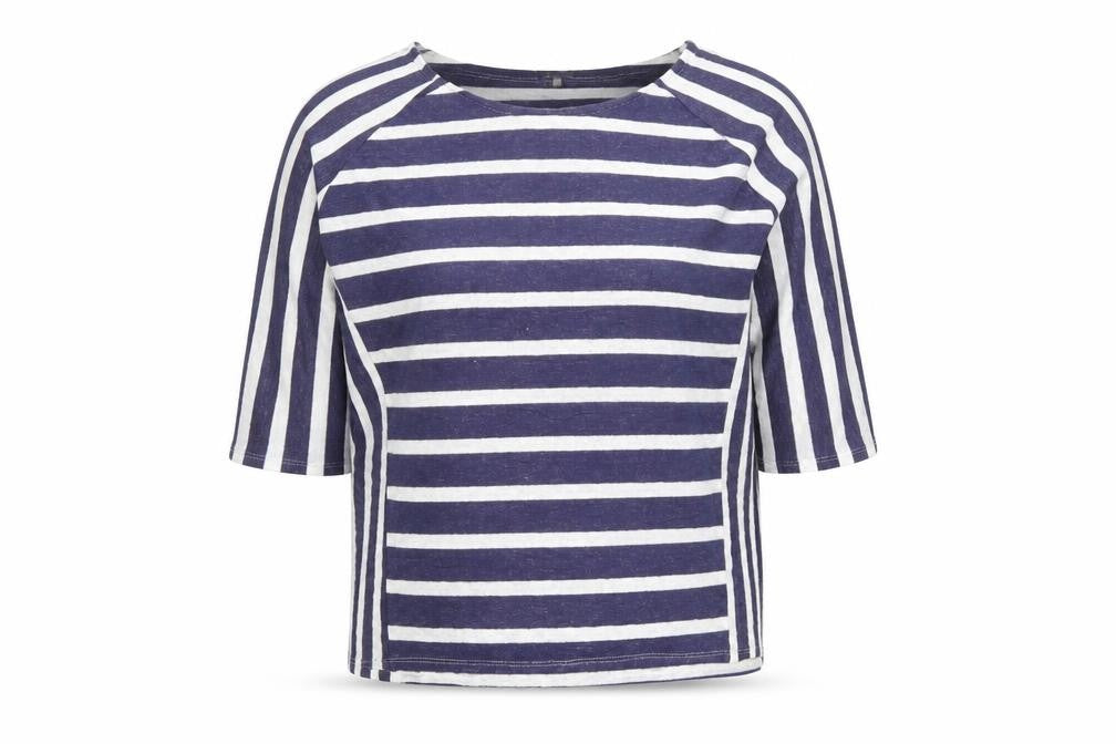 Front view of Phase Eight Women's Blue & White Striped 3/4 Sleeve Knit Top, size 14