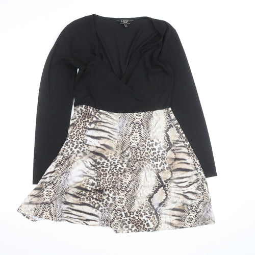 Lipsy Women Black Animal Print Fit & Flare Dress UK 12