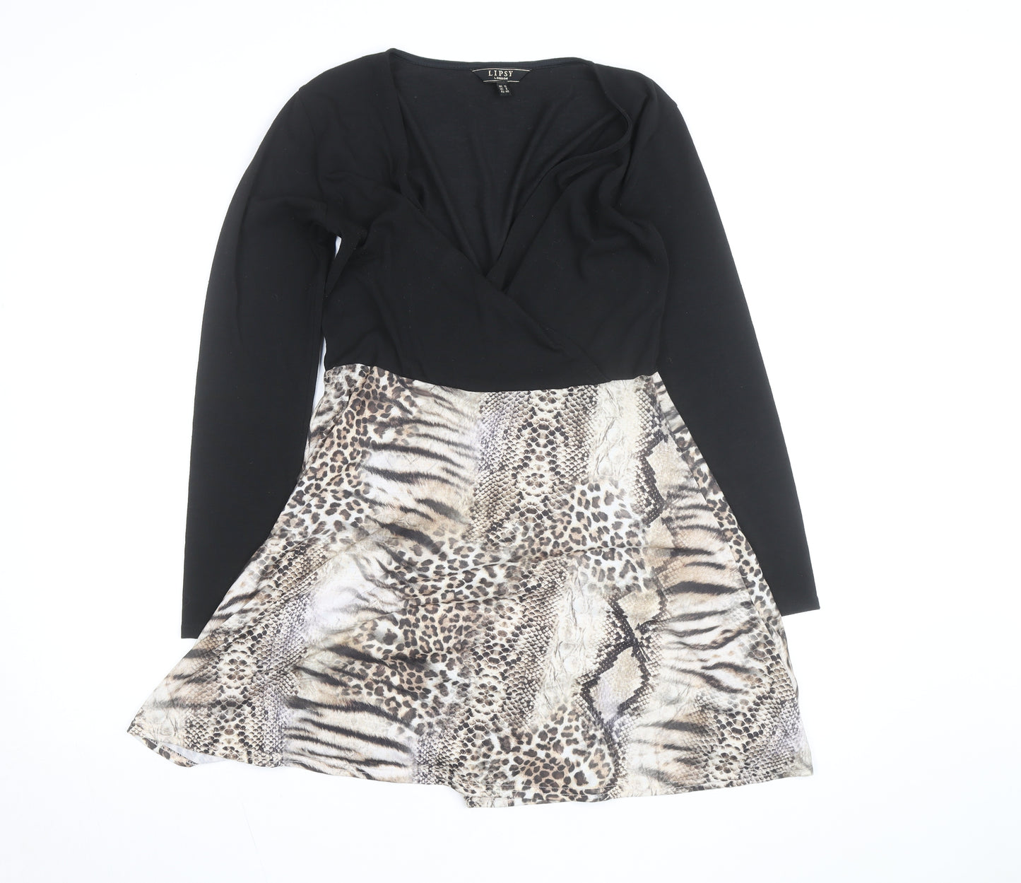 Lipsy Women Black Animal Print Fit & Flare Dress UK 12