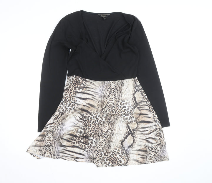 Lipsy Women Black Animal Print Fit & Flare Dress UK 12
