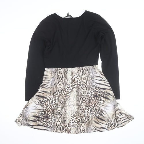 Lipsy Women Black Animal Print Fit & Flare Dress UK 12