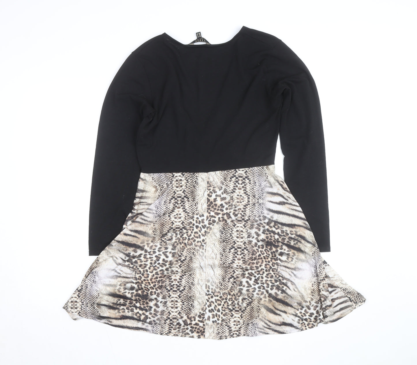 Lipsy Women Black Animal Print Fit & Flare Dress UK 12
