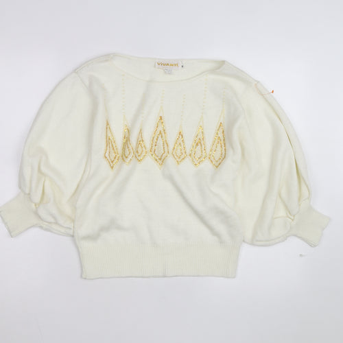 Vivanti Women Ivory Beaded Pullover Jumper Size 8 Relaxed 3/4 Sleeve