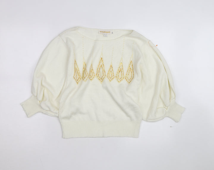 Vivanti Women Ivory Beaded Pullover Jumper Size 8 Relaxed 3/4 Sleeve