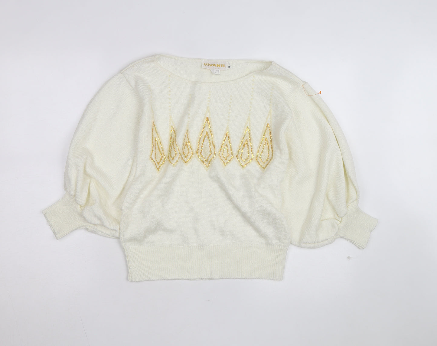 Vivanti Women Ivory Beaded Pullover Jumper Size 8 Relaxed 3/4 Sleeve