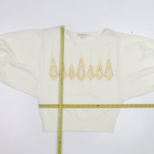Vivanti Women Ivory Beaded Pullover Jumper Size 8 Relaxed 3/4 Sleeve