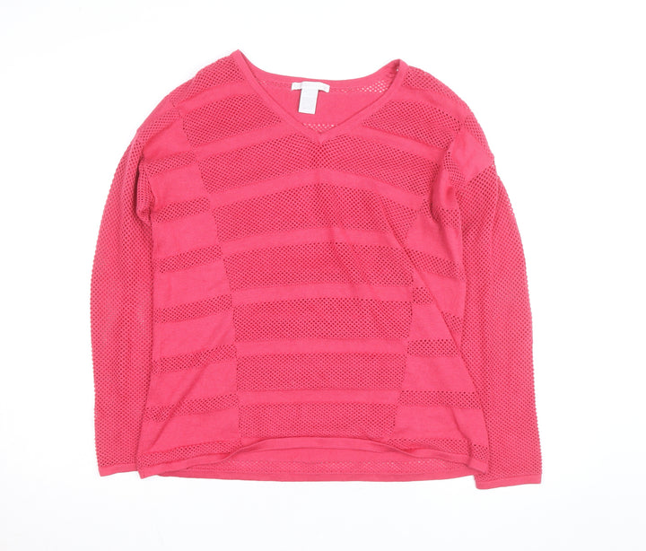 Design History Women's Pink V-Neck Open-Knit Jumper Size L