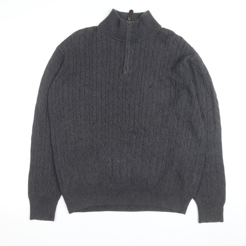 Nautica Men's Grey Cable-Knit Cotton Half Zip Jumper L