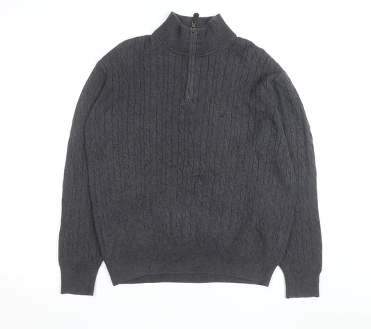 Nautica Men's Grey Cable-Knit Cotton Half Zip Jumper L