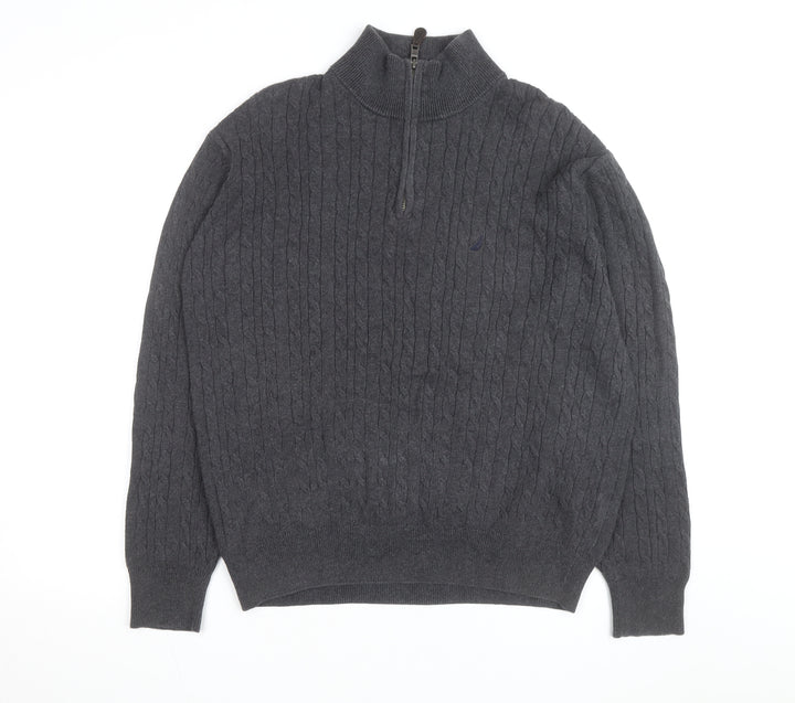 Nautica Men's Grey Cable-Knit Cotton Half Zip Jumper L