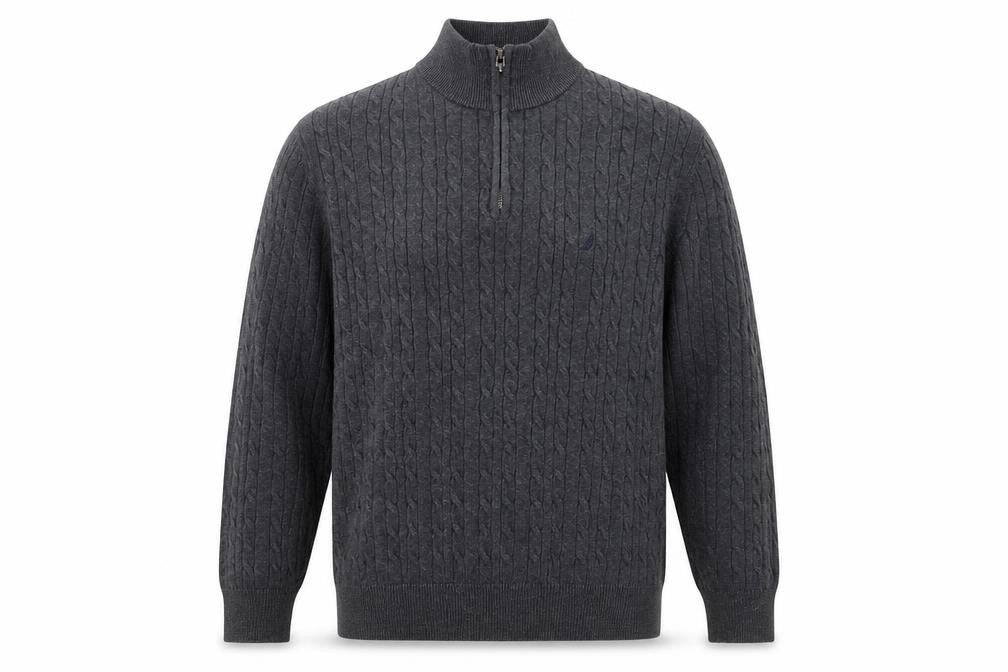 Front view of Nautica Men's Grey Cable-Knit Cotton Half Zip Jumper L