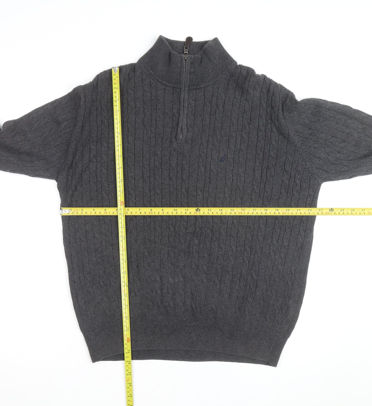 Nautica Men's Grey Cable-Knit Cotton Half Zip Jumper L