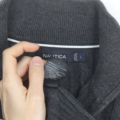 Nautica Men's Grey Cable-Knit Cotton Half Zip Jumper L