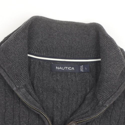 Nautica Men's Grey Cable-Knit Cotton Half Zip Jumper L
