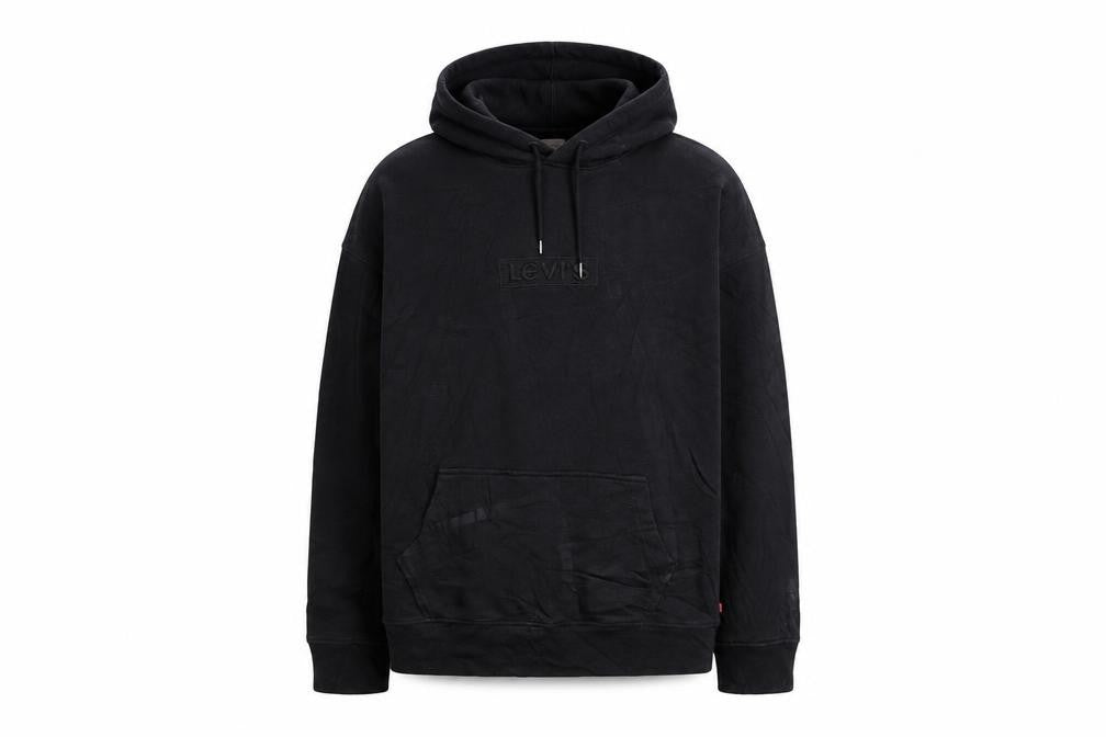 Front view of Levi's Men's Black Pullover Hoodie, size L, Logo Embroidered Fleece