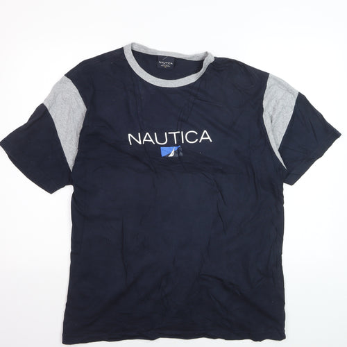 Nautica Men's Blue Grey Colourblock Crew Neck Cotton T-Shirt XL