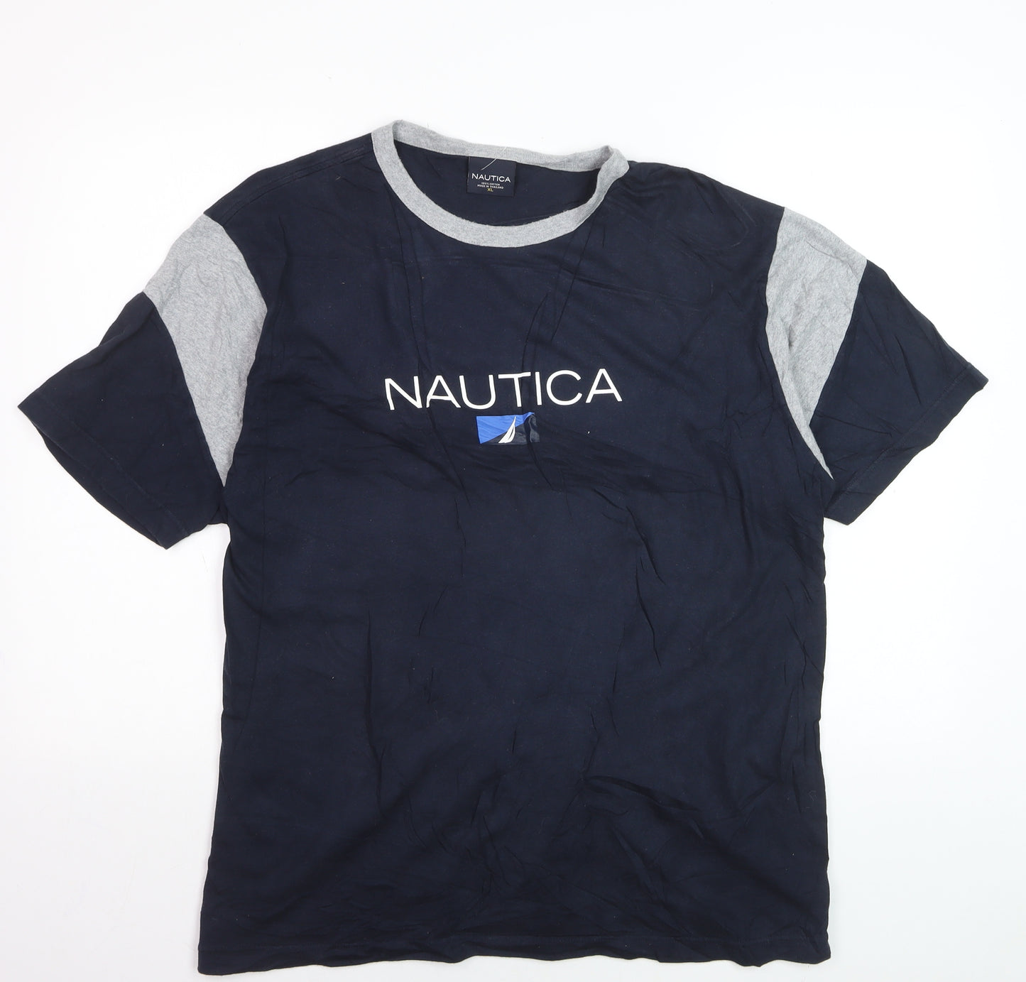Nautica Men's Blue Grey Colourblock Crew Neck Cotton T-Shirt XL