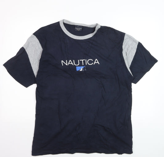 Nautica Men's Blue Grey Colourblock Crew Neck Cotton T-Shirt XL