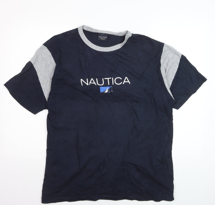 Nautica Men's Blue Grey Colourblock Crew Neck Cotton T-Shirt XL
