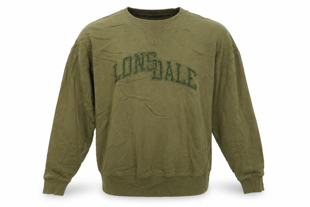 Front view of Lonsdale London Men's Khaki Green XL Crew Neck Pullover Sweatshirt