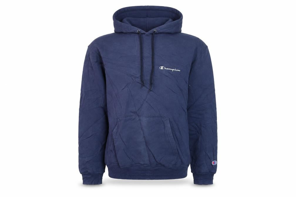 Front view of Champion Men's Blue Pullover Hoodie, size L, Logo Fleece Sweatshirt