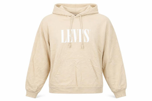 Front view of Levi's women’s beige pullover hoodie, size S, cotton logo sweatshirt