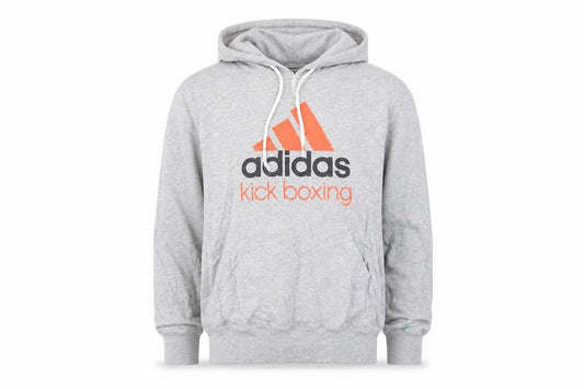 Front view of Adidas Men's Grey Pullover Hoodie L Kickboxing Graphic Sports Fleece