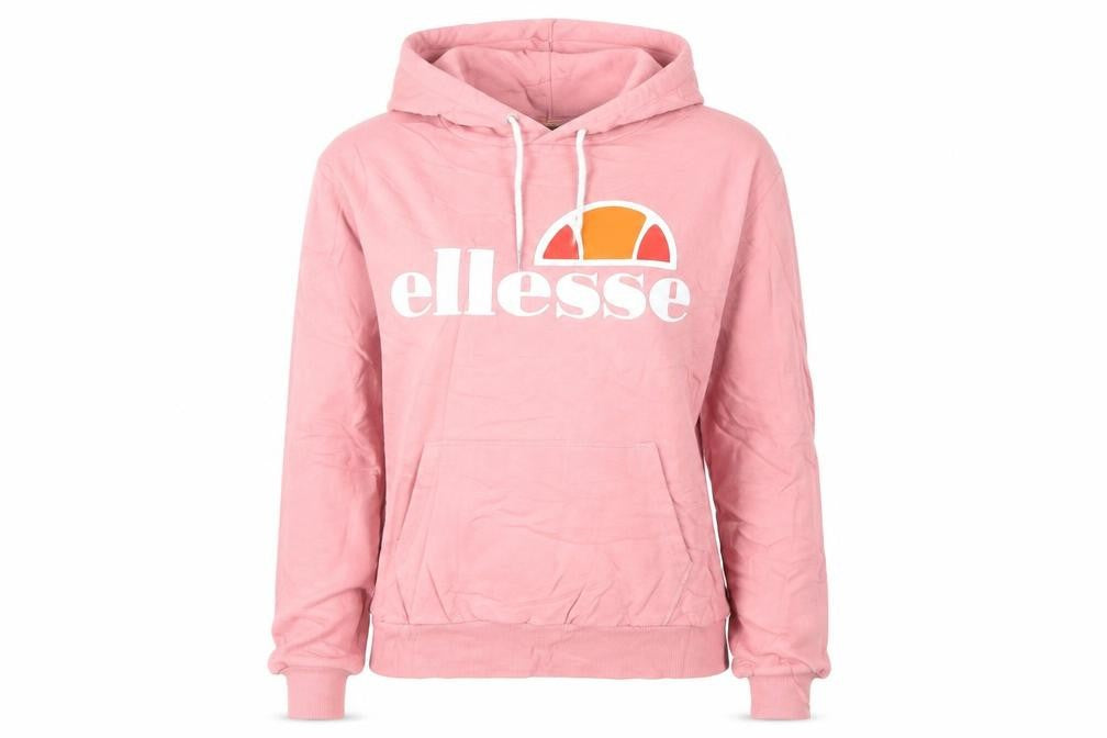 Front view of Ellesse women’s pink pullover hoodie medium logo print casual