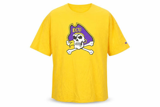 Front view of Champion Men's Yellow ECU Pirate Graphic 3XL Cotton T-Shirt