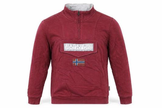 Front view of Napapijri Men's Burgundy 1/4 Zip Pullover Sweatshirt, size S