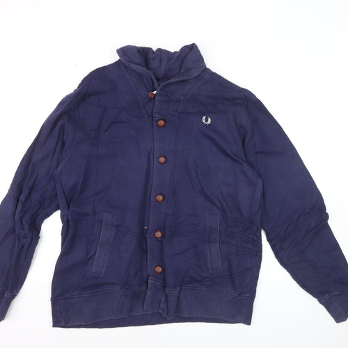 Fred Perry Men's Blue XL Button Cardigan Jumper High Neck Cotton