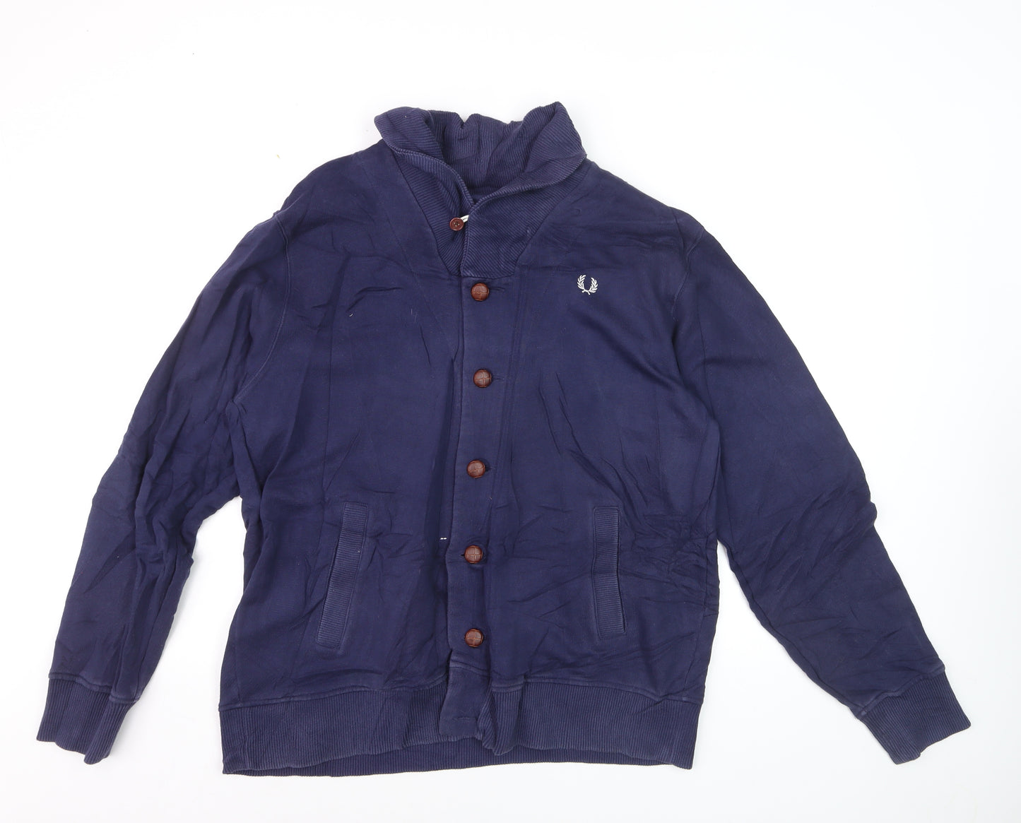 Fred Perry Men's Blue XL Button Cardigan Jumper High Neck Cotton