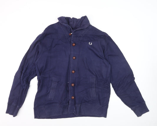 Fred Perry Men's Blue XL Button Cardigan Jumper High Neck Cotton