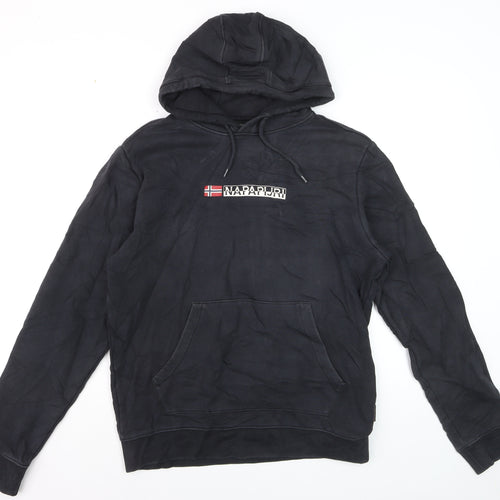Napapijri Men Black Pullover Hoodie M Logo Graphic Cotton Fleece