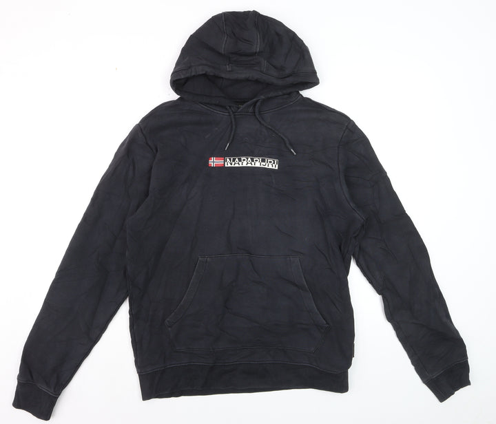 Napapijri Men Black Pullover Hoodie M Logo Graphic Cotton Fleece
