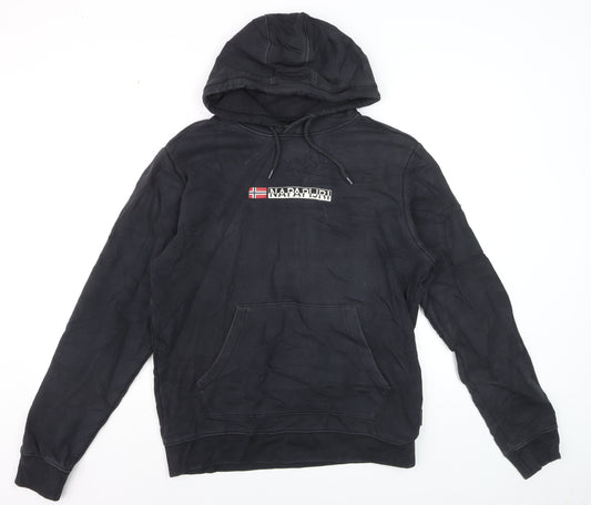 Napapijri Men Black Pullover Hoodie M Logo Graphic Cotton Fleece