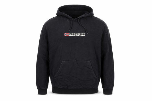 Front view of Napapijri Men Black Pullover Hoodie M Logo Graphic Cotton Fleece