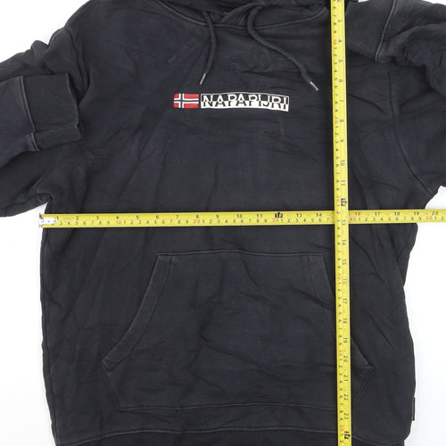 Napapijri Men Black Pullover Hoodie M Logo Graphic Cotton Fleece