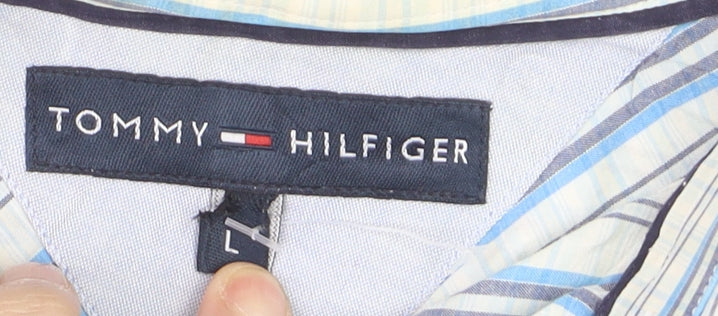 Tommy Hilfiger Men Blue Striped Cotton Long Sleeve Button-Up Shirt L