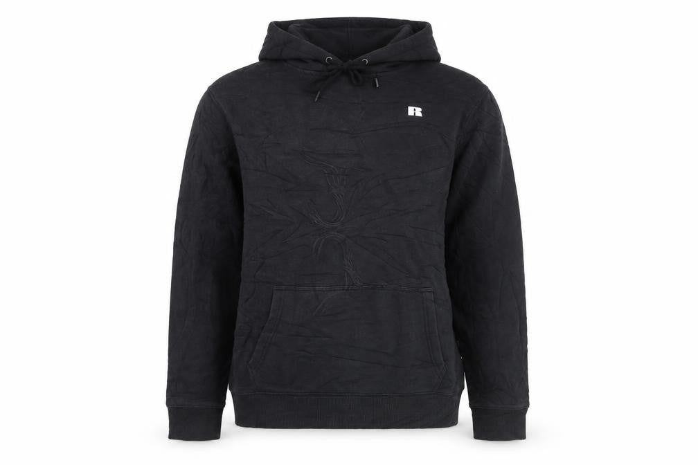 Front view of Russell Athletic Men's Black XL Pullover Hoodie with Logo Pocket