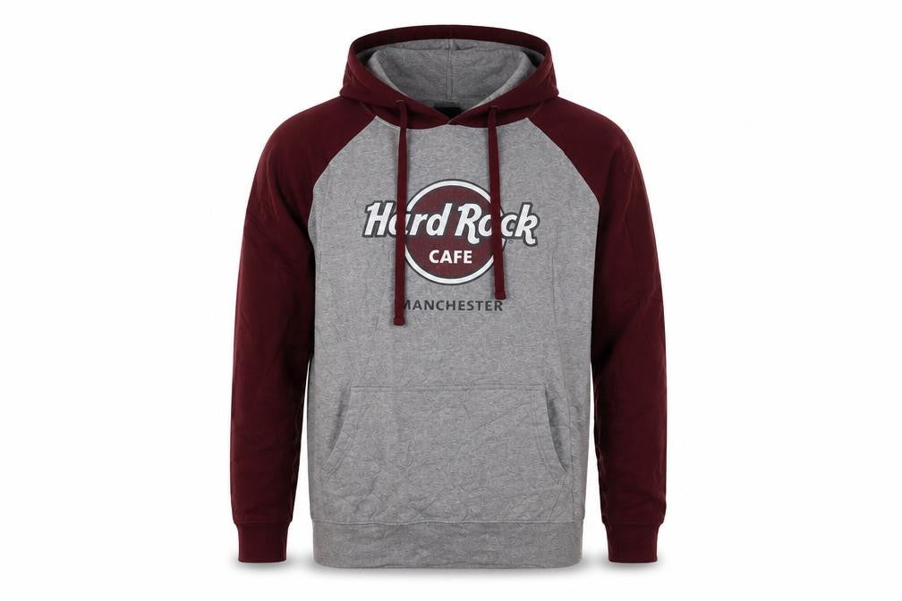 Front view of Hard Rock Cafe Manchester Men's Grey Pullover Hoodie M