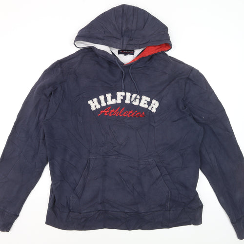 Tommy Hilfiger Men’s Blue Pullover Hoodie L Embroidered Logo Fleece