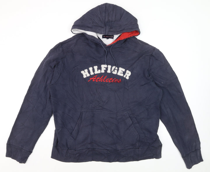 Tommy Hilfiger Men’s Blue Pullover Hoodie L Embroidered Logo Fleece