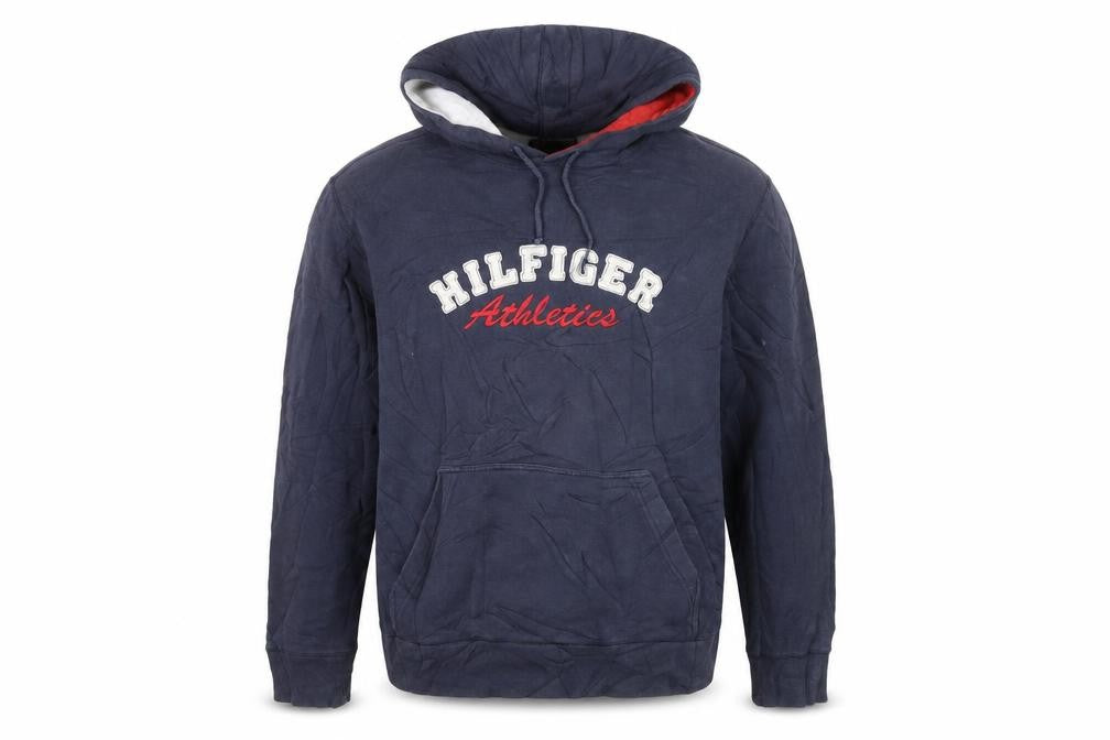 Front view of Tommy Hilfiger Men’s Blue Pullover Hoodie L Embroidered Logo Fleece