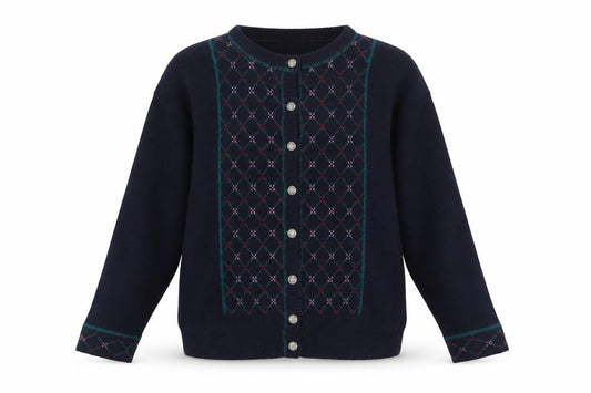 Front view of Forget Me Not Women's Blue Argyle Wool Cardigan, size L