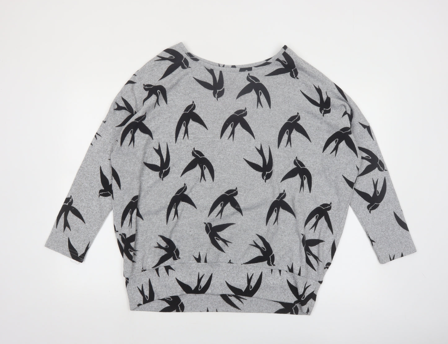 Izabel London Women’s Grey Swallow Print 3/4 Sleeve Pullover Jumper Size 12